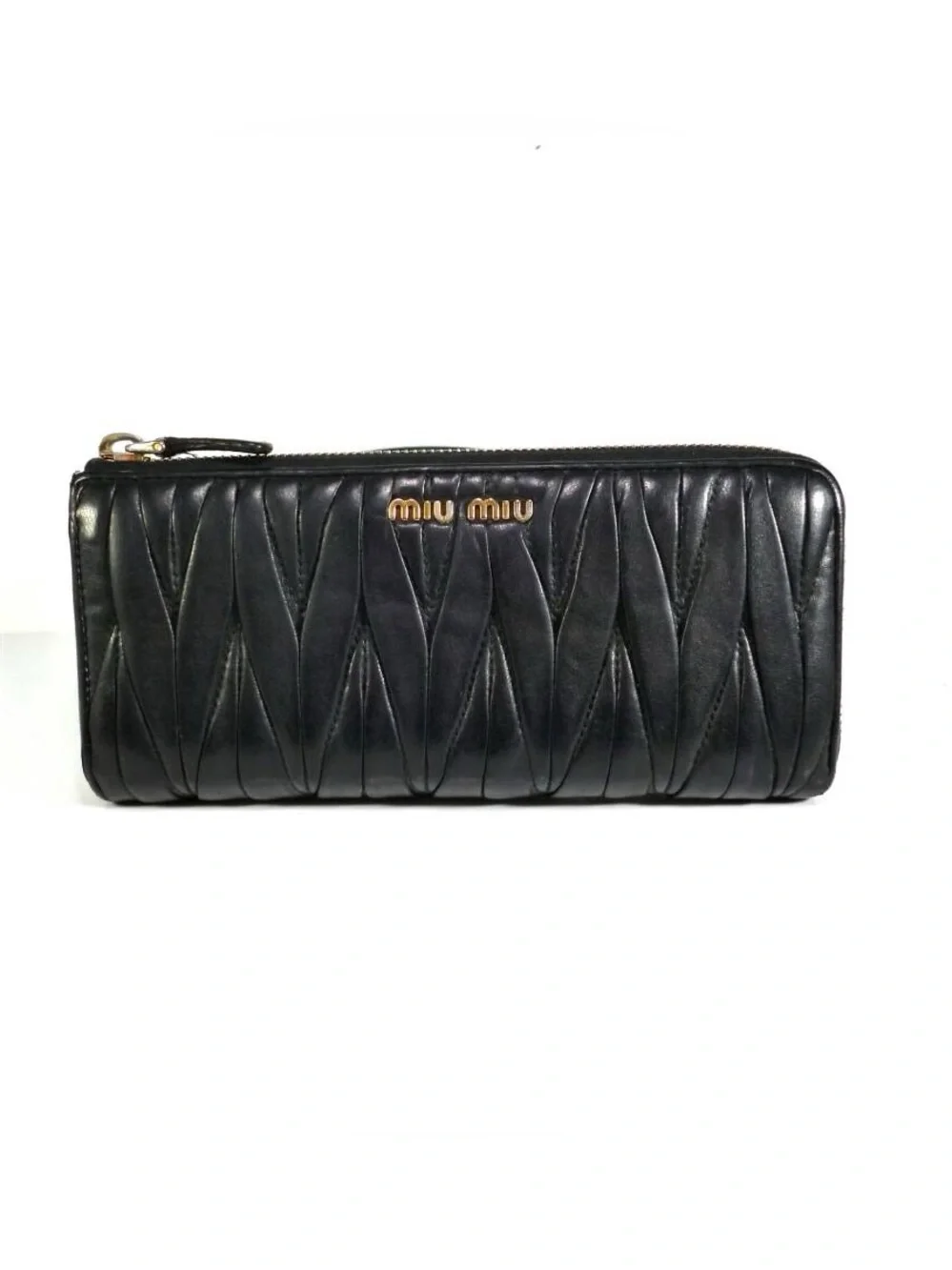 Miu Miu Black Quilted Zip-Around Wallet with Gold Logo